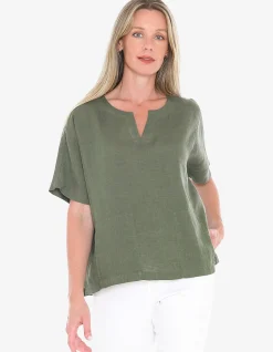 Split Neck Two Pocket Linen Relaxed Top