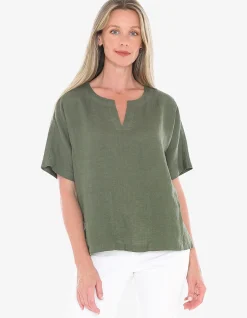 Split Neck Two Pocket Linen Relaxed Top