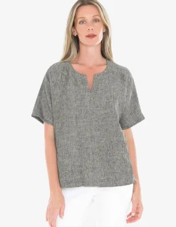 Split Neck Two Pocket Linen Relaxed Top