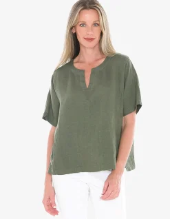 Split Neck Two Pocket Linen Relaxed Top