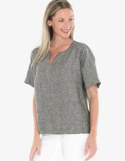 Split Neck Two Pocket Linen Relaxed Top