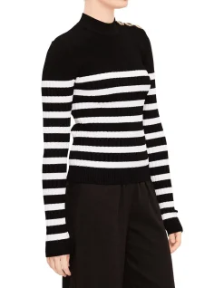Striped Knit Pullover with Button Detail