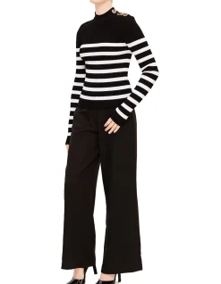 Striped Knit Pullover with Button Detail