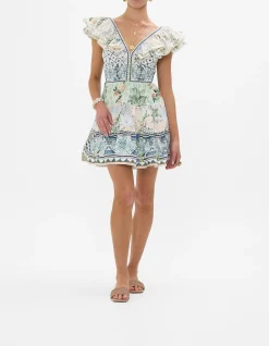 TIERED SHORT DRESS WITH NECK FRILL