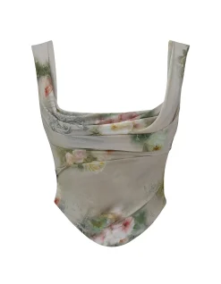 Una Floral Cowl Neck Lace-Up Corset Top