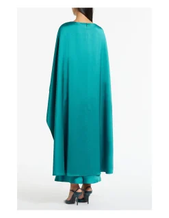 Viridian Lustre Satin Asymmetric Cape Evening Dress