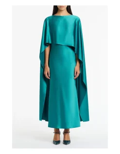 Viridian Lustre Satin Asymmetric Cape Evening Dress