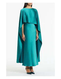 Viridian Lustre Satin Asymmetric Cape Evening Dress