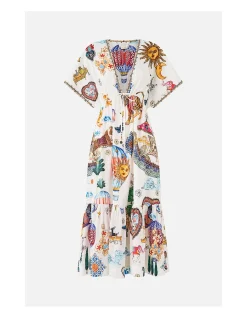 V-NECK EMBROIDERED MIDI DRESS