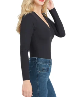 V Neck Long Sleeve Bodysuit Black