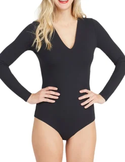 V Neck Long Sleeve Bodysuit Black