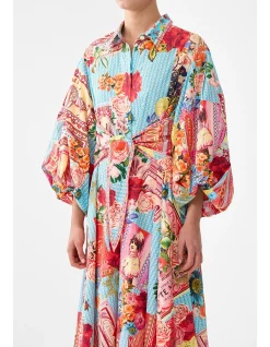 WAIST TIE SHIRT DRESS WITH BUBBLE SLEEVE