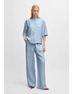 Wide-Leg Drawcord Trousers in Soft Twill Blue