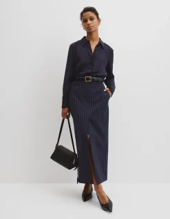 Wool Blend Tailored Pinstripe Column Skirt